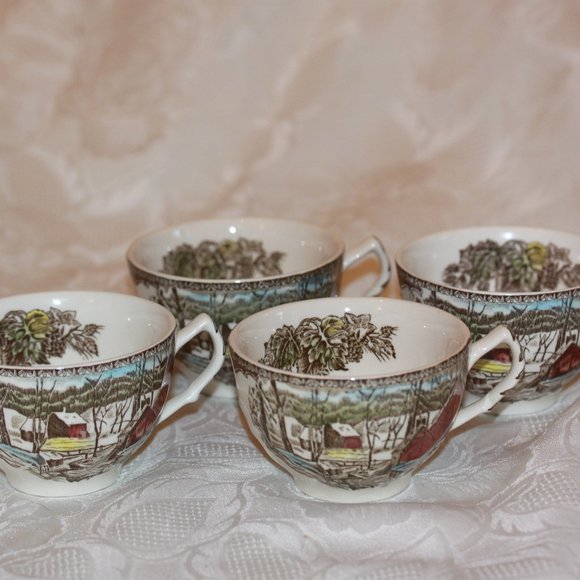 Johnson Brothers Winter Farm Scene Tea, Coffee Cups Made In England Lot of 4 - Picture 1 of 5